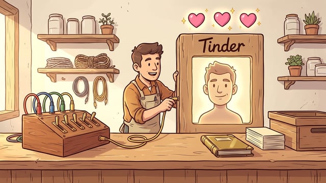 A smiling man wearing an apron stands behind a wooden counter operating a wooden switch box with colorful cables, connecting a yellow wire to a large frame labeled "Tinder" that displays a portrait beneath three glowing pink hearts.