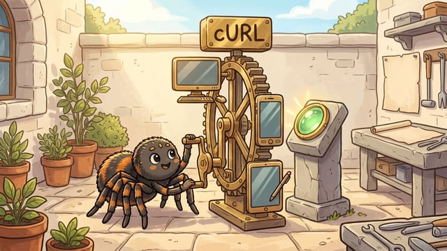 A friendly cartoon spider turns a hand crank on a wooden gear mechanism labeled "cURL", which rotates a computer monitor, a smartphone, and a tablet toward a stone pedestal holding a glowing green circular lens in a courtyard filled with potted plants.