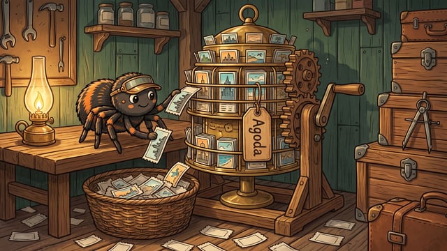 A cartoon spider wearing a cap stands on a wooden workbench next to a lit lamp, pulling travel postcards from a brass rotating display rack featuring an attached wooden tag labeled "Agoda" and a mechanical hand crank with gears, dropping the cards into a woven basket.