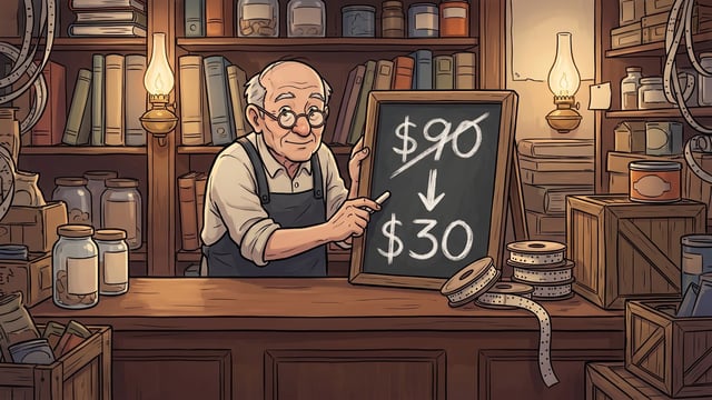 An elderly shopkeeper in a dark apron and round spectacles stands at a wooden shop counter holding a stick of chalk beside a slate board where the figure "$90" is struck through above a downward arrow pointing to "$30", with spools of punched paper data tape unreeling on the counter beside it.