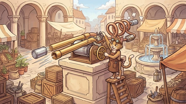 A cartoon cat in goggles and an apron stands on a wooden stepladder oiling a brass pneumatic relay machine in a market square while turning a valve wheel, a canister racing along a straight brass tube on the left and another sitting in a coiled tube on the right.