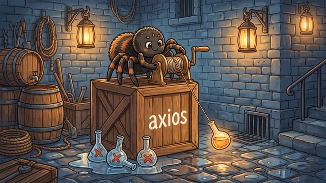 A fuzzy spider mascot sits on a wooden crate labeled "axios", operating a hand winch to lower a glowing glass flask on a line, while three cracked glass flasks marked with red X's sit in a puddle on the cobblestone floor below.