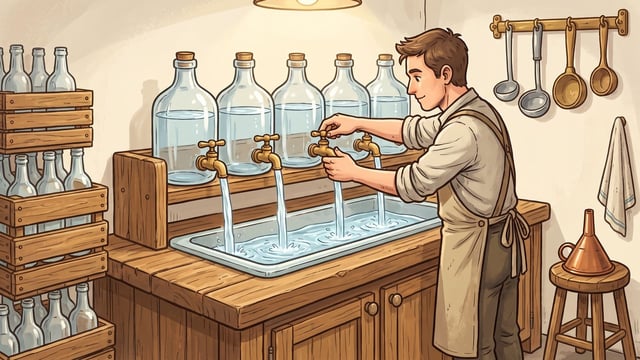 A shopkeeper in an apron turns a brass valve handle with both hands beneath a shelf of five glass carboys fitted with brass spigots, whose streams of clear liquid run down into a wide basin of water set into the counter below.