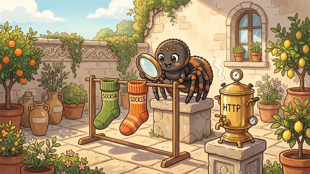 A plump cartoon spider on a stone block in a sunlit courtyard holds up a large brass magnifying glass to two knitted wool socks hanging on a wooden drying rack, one lettered SOCKS4 and the other SOCKS5, with a steaming brass urn labelled HTTP on a stone pedestal beside them.