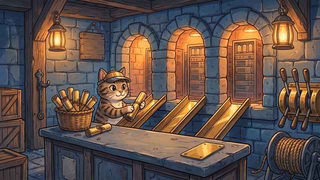 A striped cat wearing a cap stands behind a counter inside a stone room, sending a scroll down one of three wooden chutes that lead into arched doorways containing illuminated server racks, next to a basket filled with scrolls.