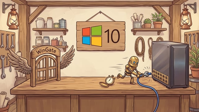 A small brass robot on a workshop counter tightens a blue cable into a dark server tower with a wrench, the tower's lower panel carrying a row of ten cable ports, beside a winged wooden gate signed WinGate and below a wall sign showing the four-colour Windows logo with the numeral 10, an open brass pocket stopwatch lying on the counter.