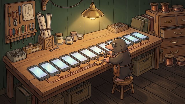 A mole wearing goggles and an apron stands on a small stool inside a timber workshop, using a wrench to work on a network of ten smartphones lined up in a row and connected by cables across a long wooden workbench beneath an overhead light.