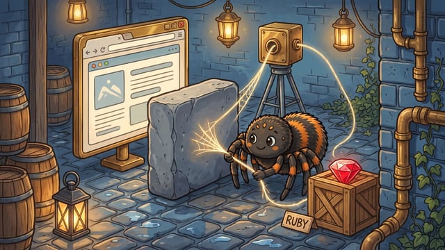 A friendly black and orange spider stands on a cobblestone path, holding a glowing web strand that routes around a large stone block to a framed browser window screen, connected through a box on a tripod near a wooden crate holding a red gemstone with a small sign labeled "RUBY".