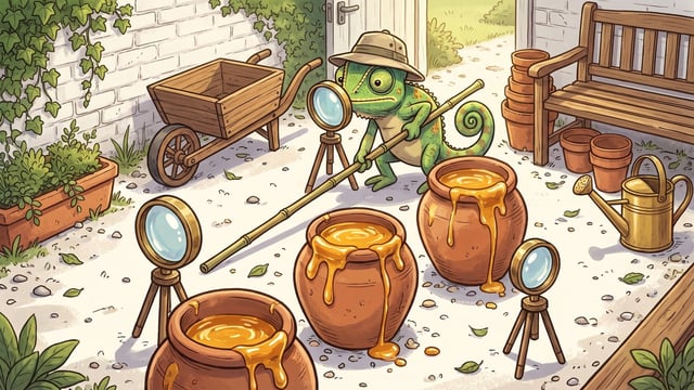 A green chameleon wearing a safari hat holds a long bamboo pole to carefully probe three large clay pots overflowing with golden honey, standing on a patio near three magnifying glasses on tripods, a wooden wheelbarrow, and a bench.