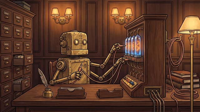 A brass robot mascot sits at a wooden desk in a wood-paneled room, using several articulated mechanical arms to interact with a control console containing four illuminated glass relay tubes alongside a feather quill, stacked books, and a card catalog cabinet.