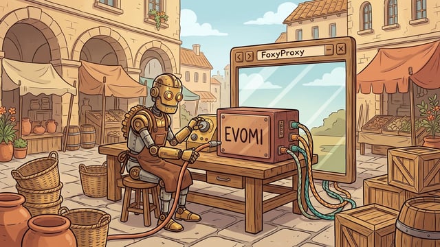A brass robot at an oak workbench holds a thick copper cable at a mahogany junction box lettered EVOMI while its other hand rests on a brass rotary dial, with cables running from the box to a wooden browser-window prop headed FoxyProxy.