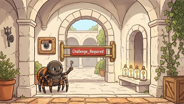 A cartoon spider wearing a toolbelt holds a brass key at a turnstile barrier carrying a red plaque reading Challenge_Required, beneath a wooden Instagram camera emblem mounted on the wall, with four glass jar lanterns each holding a glowing key in a row on a stone bench.