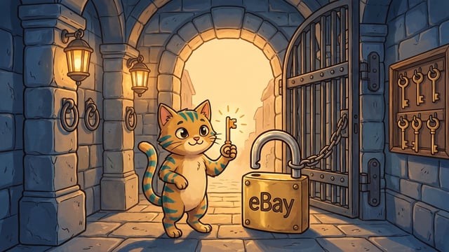 A striped cartoon cat holds up a glowing brass key beside a large brass padlock lettered eBay whose shackle hangs sprung open, the cast-iron gate behind it swung wide into a warmly lit stone archway and a rack of spare keys on the wall.