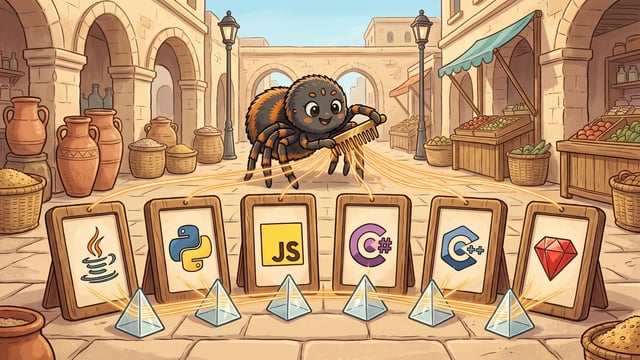 A cartoon spider draws a brass comb through glowing strands of web silk in front of six upright wooden slates standing in a row, each slate showing a programming language logo, with a glass prism in front of each slate bending the silk strands.