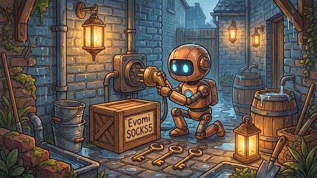 A small bronze robot kneels on a wet cobblestone alley to plug a thick cable into a wall outlet next to a wooden crate labeled "Evomi SOCKS5" and three brass skeleton keys arranged on the ground.