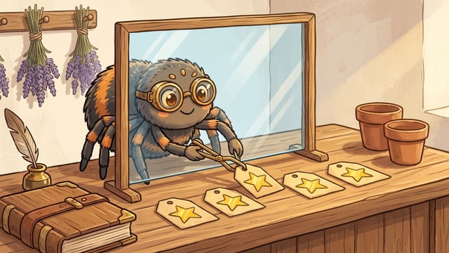 A cartoon spider in goggles handles paper review tags with brass tongs from behind a framed sheet of clear glass mounted upright on a counter, five tags marked with yellow stars laid out on the wood in front of it.