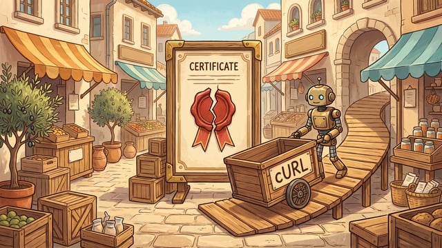 A brass robot wheels a wooden handcart lettered cURL up a plank ramp that runs around a tall certificate board standing across a sunlit market road, the board's red wax seal cracked in half.