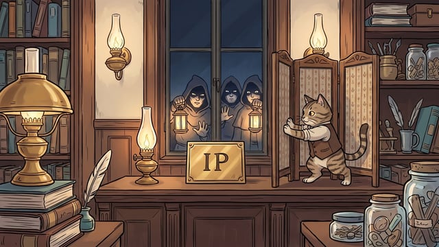 A striped cartoon cat in a waistcoat hauls a tall folding wooden screen in front of a brass plaque lettered IP standing on a table in a lamplit panelled hall, while hooded figures holding lanterns press against the dark window outside, looking in.