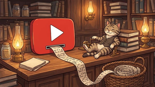 A striped cartoon cat reclines against a stack of ledgers with one paw resting on a small brass crank while a ribbon of punched paper tape feeds out of a wide red YouTube play mark on the counter and coils into a basket.