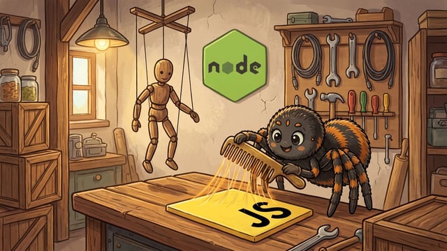 A cartoon spider on a workshop bench draws a brass comb down a bright yellow square plaque lettered JS, lifting strands of glowing web silk off it, with a wooden marionette hanging from a crossed control bar above and a green hexagon plaque lettered node on the wall behind.
