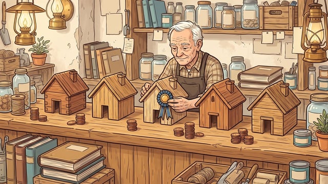 An elderly shopkeeper in a dark apron leans over a scrubbed oak counter to pin a ribbon rosette to one of five small wooden model houses standing in a row, with stacks of copper coins on the counter in front of them.