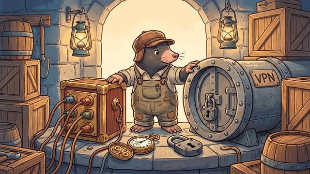 A mole in canvas overalls stands on a stone bench in a lamplit gatehouse with one paw on a brass and mahogany junction box strung with copper cords and the other on a riveted steel tunnel lettered VPN with a padlock through its hatch, an open brass stopwatch and an iron padlock lying on the bench in front.