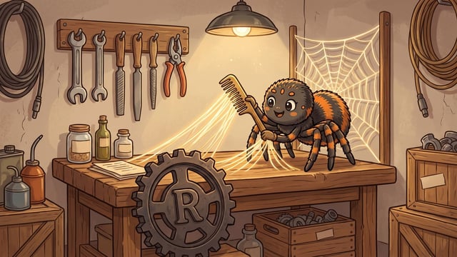 A cartoon spider on a workbench draws a brass comb through a stretched web of glowing silk strands, beside a heavy iron cogwheel with a capital R at its centre leaning against the bench and a wall rack of spanners, files and pliers.