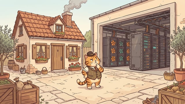 A striped cartoon cat in a waistcoat stands on the flagstones of a sunlit square between a small tiled cottage with curtained windows and a smoking chimney on the left and an open-fronted windowless hall of tall server racks with cooling fans on the right, one paw raised as it weighs the two.