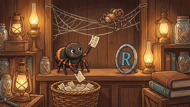 A cartoon spider picks printed pages off a stretched silk web and drops them into a woven basket in a lamplit panelled hall, with a small brass mechanical crawler walking the strands above and a grey oval ring holding a blue capital R propped on the counter.