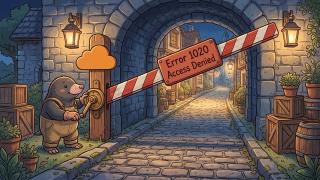 A mole in canvas overalls turns a brass winch handle to raise a striped barrier boom off a gatehouse road, the boom carrying a red plaque lettered Error 1020 and Access Denied and the post above it mounted with a solid orange cloud.