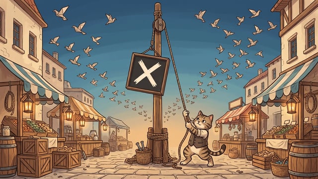 A striped cartoon cat hauls down on a pulley rope in a market square at dusk, hoisting a black signboard bearing a bold white X up a wooden mast, while a widening flock of small folded paper birds fans out across the sky.