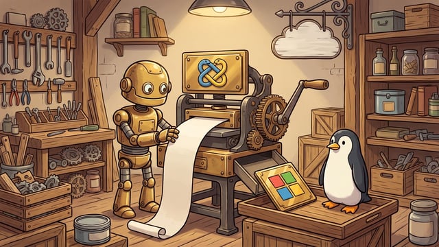 A brass robot stands at a hand-operated press in a lamplit workshop feeding a paper script into it with both hands, beneath a plaque of two interlocking blue and yellow snakes, while a plaque showing four coloured squares sits on the output tray beside a black and white penguin with orange feet.