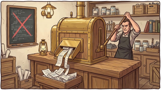 A shopkeeper in a dark apron pulls down the single long lever of a large brass and oak machine with both hands, punched paper tape and printed sheets streaming out of its chute into a wooden tray, beside a slate of chalked code struck through with one thick red cross.