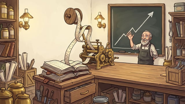 A shopkeeper in a dark apron stands at a counter with one hand raised toward a chalkboard where a bold line climbs steeply to an arrowhead, while a brass machine beside him draws a ribbon of punched paper tape up out of a stack of open ledgers onto a spool.