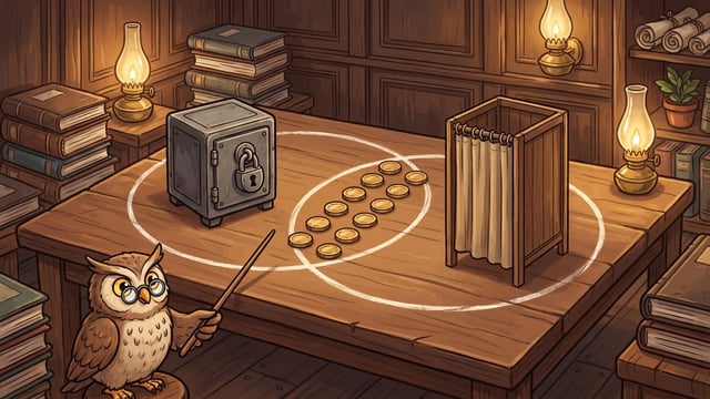 An owl in round spectacles holds a long pointer to two large chalk circles drawn on a table, an iron strongbox with a heavy padlock standing inside the left circle, a curtained booth with its curtain drawn inside the right, and ten brass discs laid in two rows of five where the circles overlap.