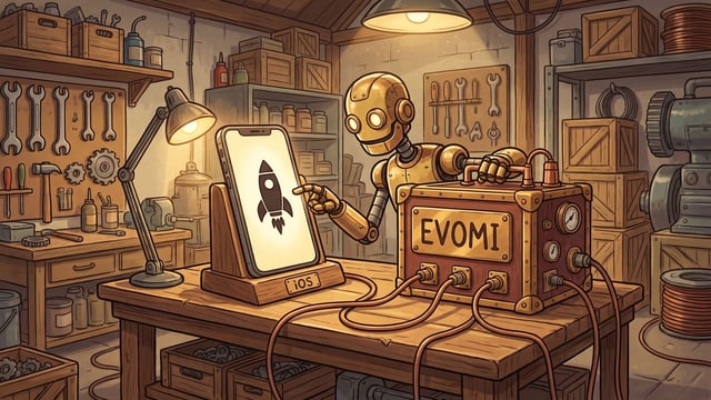 A brass robot presses a fingertip to the glowing screen of a slab handset standing in a wooden cradle lettered iOS, the screen showing a dark finned rocket, with copper cords running to a brass and mahogany box lettered EVOMI on the workshop bench.