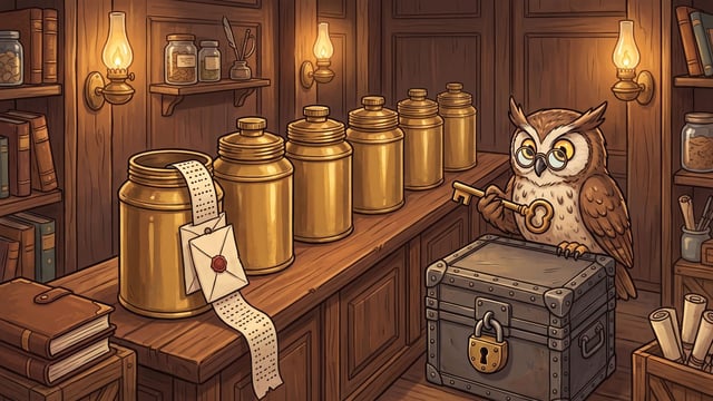 An owl in round spectacles holds a large brass key up to the padlock of a closed riveted iron strongbox at the end of a long counter, along which six brass canisters stand in a row with punched paper tape and a sealed envelope hanging into the mouth of the nearest one.