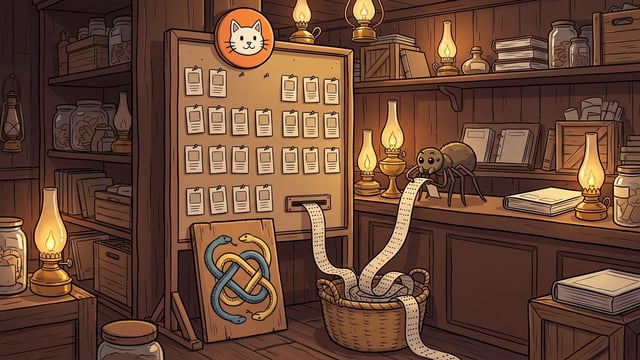 A cartoon spider draws a ribbon of punched paper tape out of the base of a tall pinboard hung with product cards in a lamplit panelled hall, an orange circle holding a white cat head mounted at the top of the board and a plaque of interlocking blue and yellow snakes leaning against its foot.