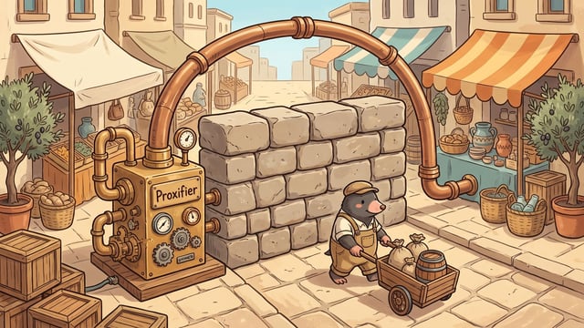 A mole in canvas overalls wheels a wooden handcart along sunlit flagstones past a shoulder-high wall of stacked stone blocks that closes the road, while a copper pipe leaves a brass apparatus lettered Proxifier and arcs over the wall to the road beyond.