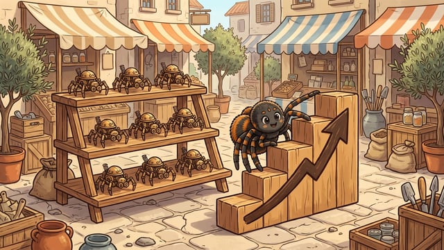 A cartoon spider raises a foreleg to the top step of a stepped wooden podium marked with a climbing arrow in a sunlit market square, beside a three-shelf wooden stand holding nine small brass mechanical crawlers, three to a shelf.