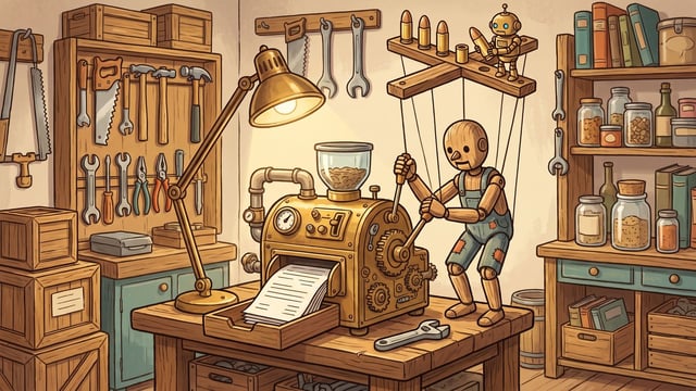 A wooden marionette hanging on strings from a crossed control bar works the lever of a brass machine that is printing pages into a tray, while a small brass robot slots a cartridge plug into a row of sockets along the control bar.