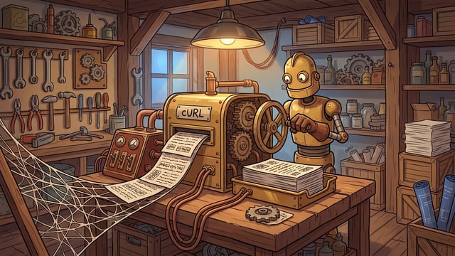 A brass robot turns the crank of a hand-operated machine lettered cURL in a lamplit workshop, pulling printed pages off a stretched silk web into the machine and stacking them in its tray, with a junction box of switches and gauges beside it linked by copper cords.