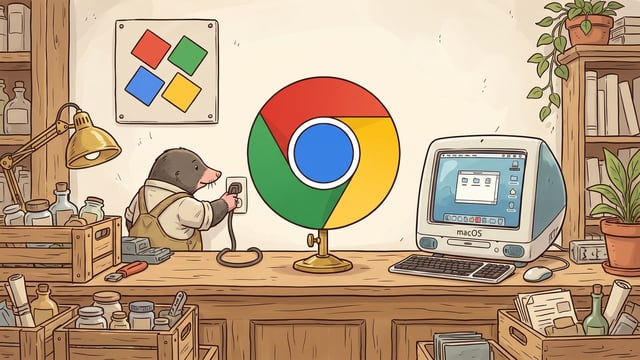 A mole in canvas overalls pushes a plug into a socket beside a counter holding a large Chrome ring emblem in red, yellow, green and blue on a brass stand and a pale rounded desktop machine lettered macOS, with a four-colour Windows plaque on the wall behind.