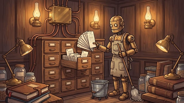 A brass robot in a canvas apron holding a mop, a wheeled bucket at its feet, sorts punched cards into an open filing drawer in a lamplit panelled hall, with a junction box on the wall above running cords down to the cabinet.