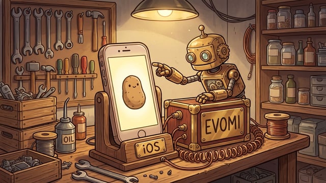 A brass robot presses a fingertip to the screen of a slab handset standing in a wooden cradle lettered iOS, the screen showing a plump brown potato, with copper cords running to a brass and mahogany box lettered EVOMI.