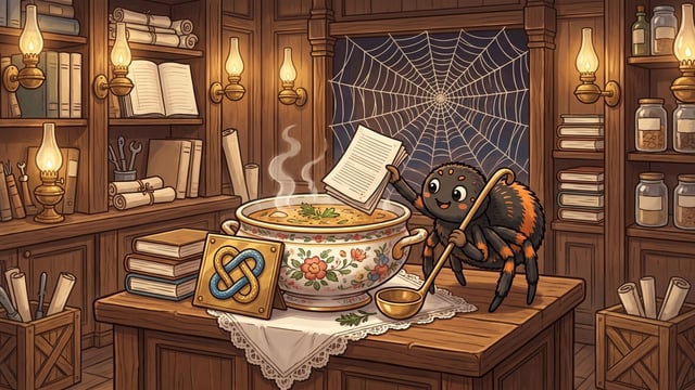 A cartoon spider holding a brass ladle dips printed pages into a painted tureen of steaming garnished broth on a lace cloth, with a plaque of two interlocking blue and yellow snakes propped on the counter beside it.
