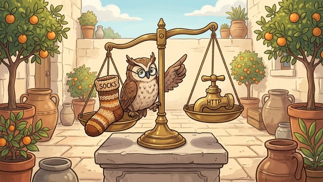 An owl in round spectacles raises a wing toward the beam of a two-pan brass balance scale in a sunlit stone courtyard, a thick knitted sock lettered SOCKS in the left pan and a brass tap lettered HTTP in the right.