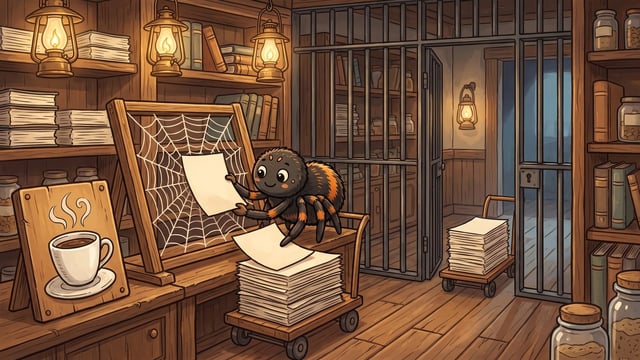 A cartoon spider pulls a printed page off a web frame onto a stack of paper in a lamplit panelled hall, while a trolley loaded with pages rolls through the single open gap in a barred iron barrier, a plaque of a white steaming coffee cup propped on the counter.