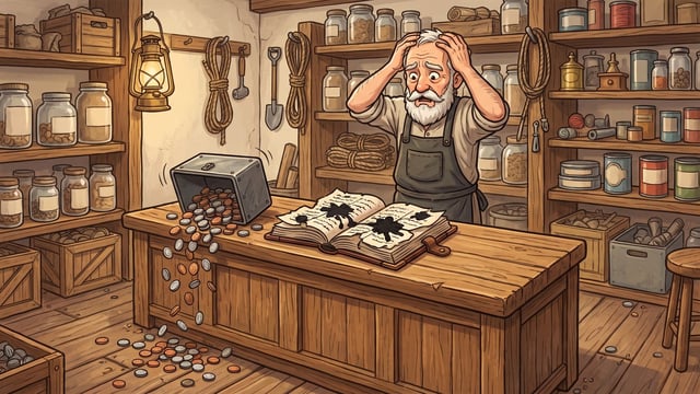 An elderly shopkeeper in a dark apron stands with both hands raised to his head over an open ledger whose pages are torn and blotted with ink, while coins pour off the counter edge from an overturned cash box onto the floorboards.