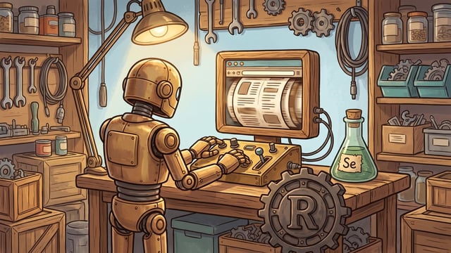 A brass robot works a small control desk wired to a wooden browser-window prop with pages flicking past inside its frame, a dark iron cogwheel bearing a capital R leaning against the bench and a green glass flask labelled Se standing beside it.